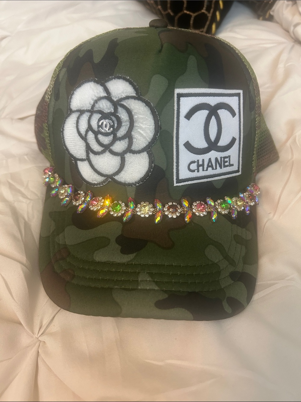 Camouflage Baseball Trucker Cap with Crystal Trim in Green
